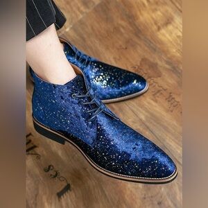 NWT Men Splash Ink Pattern Lace Up Dress Boots Royal Blue Velvet Ankle Boots